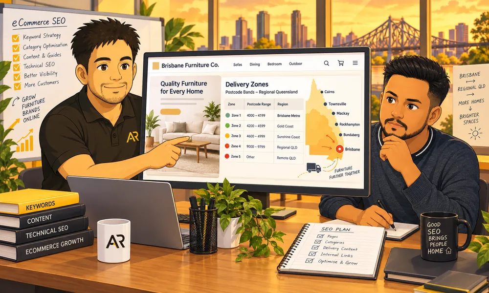 Ghibli-inspired illustration of Amann Jhamb and Ravi Kumar from AR Digital Solutions discussing regional delivery zones.
