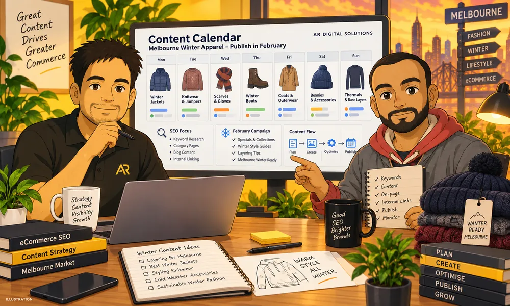 Ghibli-inspired illustration of Amann Jhamb and Ankit from AR Digital Solutions discussing winter apparel content planning.