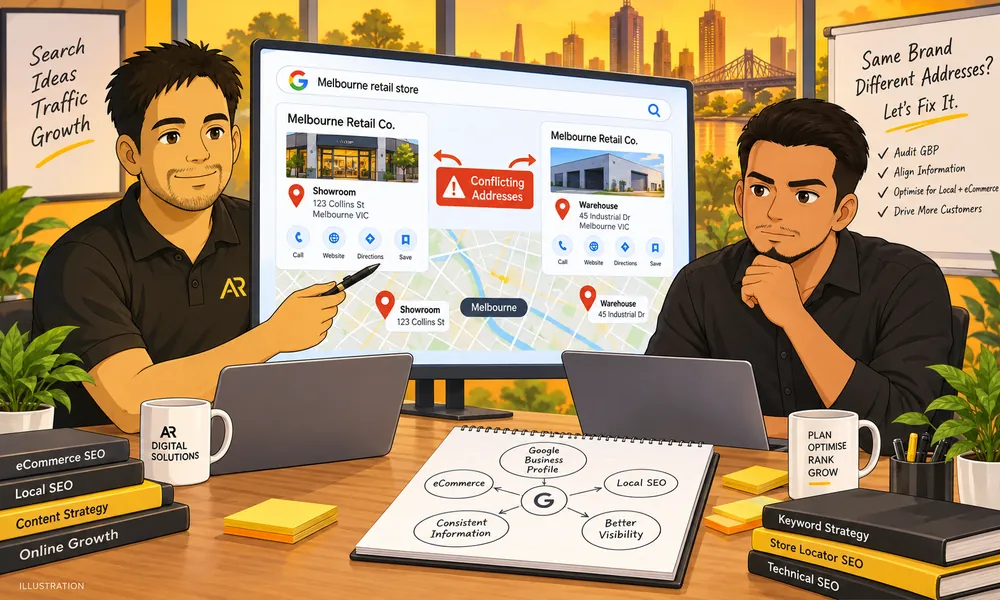 Ghibli-inspired illustration of Amann Jhamb and Arun from AR Digital Solutions discussing consistent showroom and warehouse business listings.