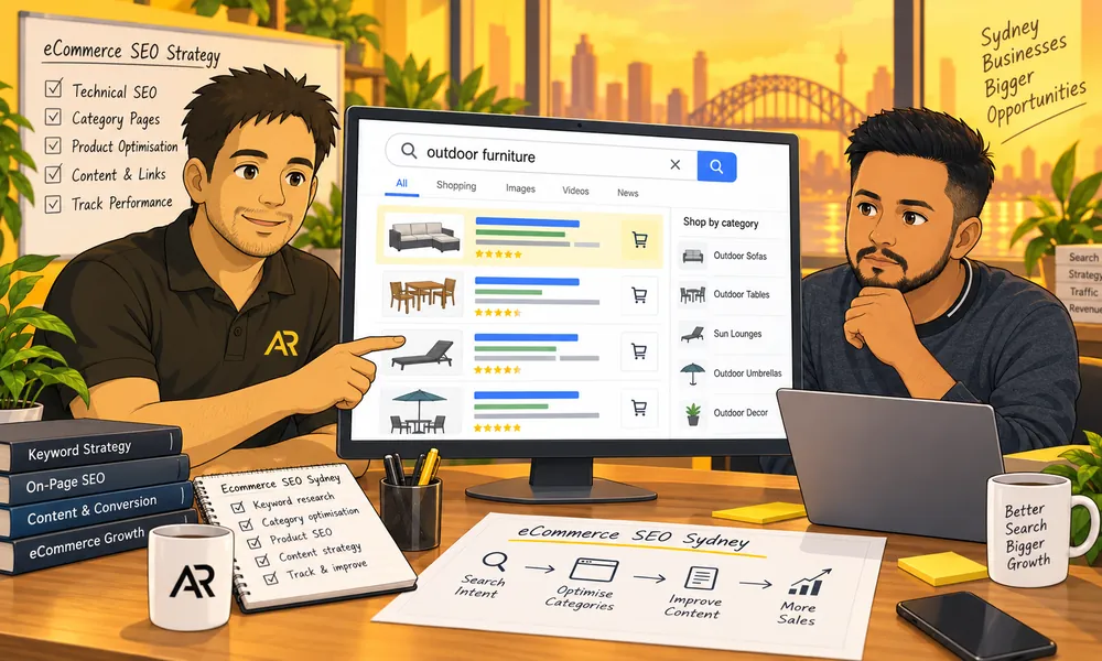 Ghibli-inspired illustration of Amann Jhamb and Ravi Kumar from AR Digital Solutions discussing product category search visibility.