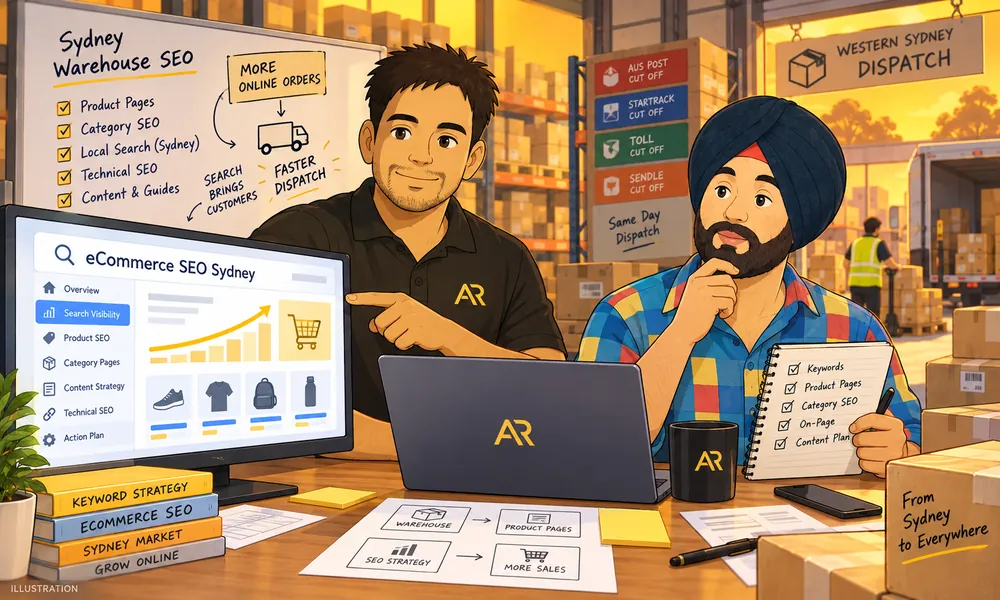 Ghibli-inspired illustration of Amann Jhamb and Sahib from AR Digital Solutions discussing warehouse dispatch and delivery content.