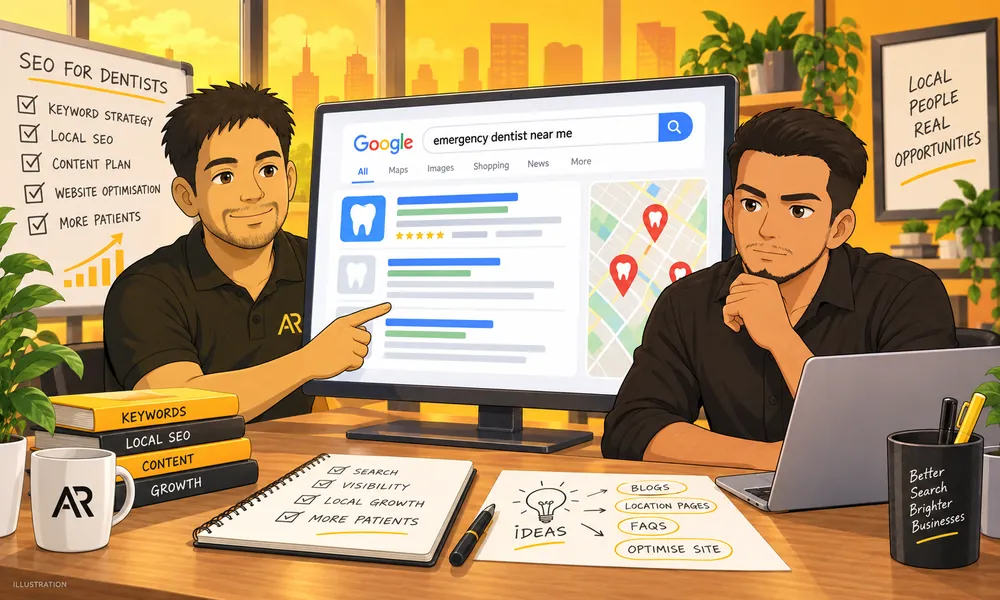 Ghibli-inspired illustration of Amann Jhamb and Arun from AR Digital Solutions discussing emergency dental search visibility.