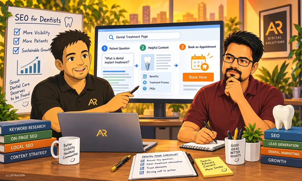 Ghibli-inspired illustration of Amann Jhamb and Kailash Sharma from AR Digital Solutions discussing dental treatment page structure.