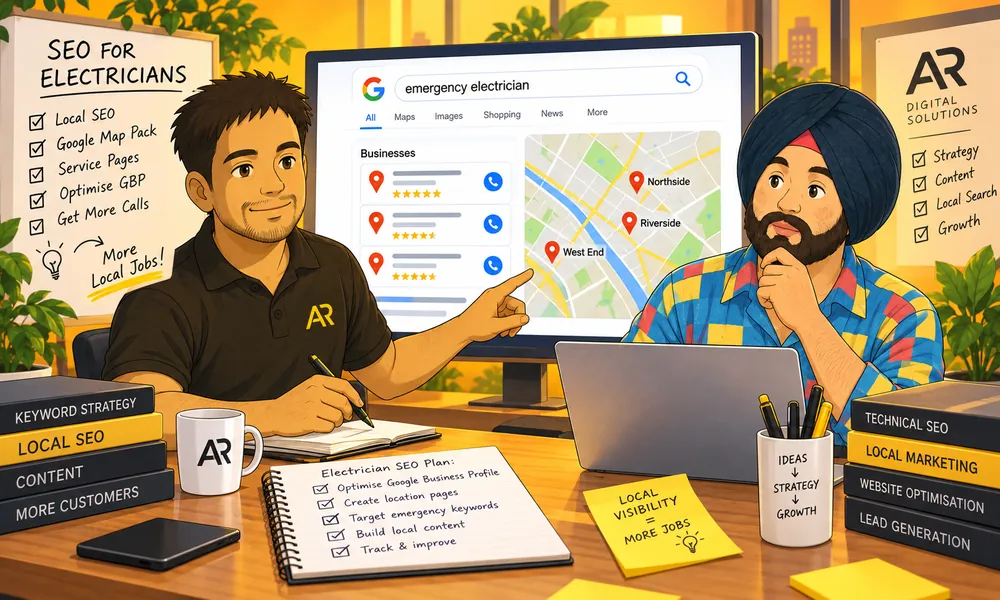 Ghibli-inspired illustration of Amann Jhamb and Sahib from AR Digital Solutions discussing emergency electrician search visibility.