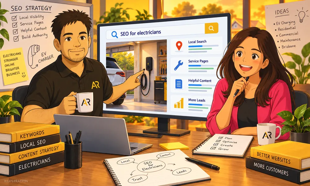 Ghibli-inspired illustration of Amann Jhamb and Priyanka Sharma from AR Digital Solutions discussing EV charger service content.