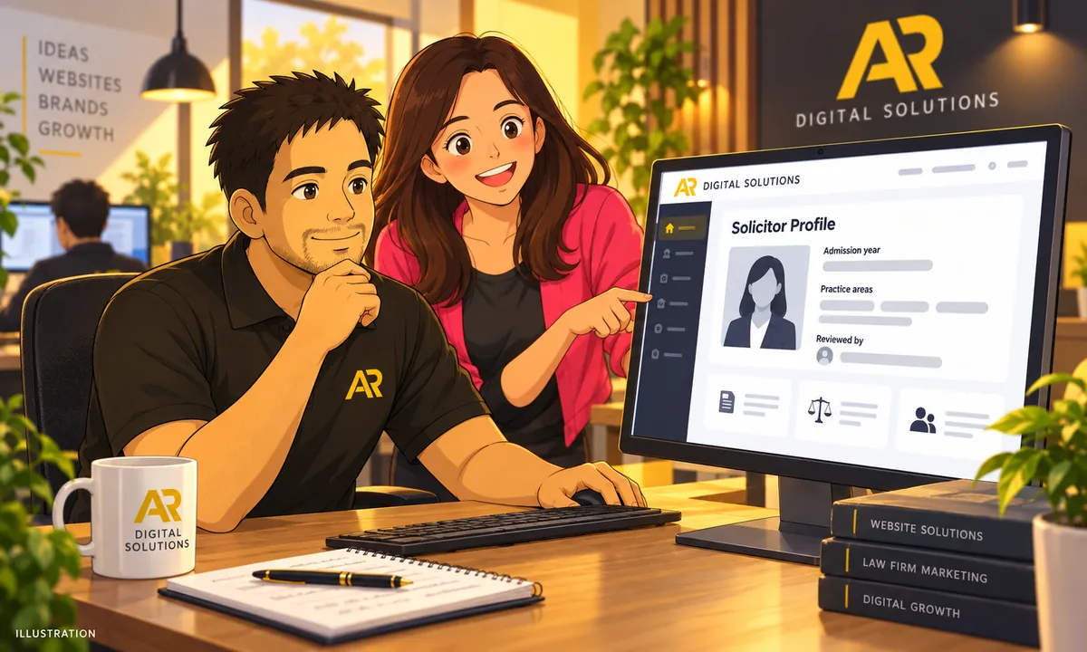 Illustration of Amann Jhamb reviewing a fictional solicitor profile page with admission, practice area and reviewer fields.