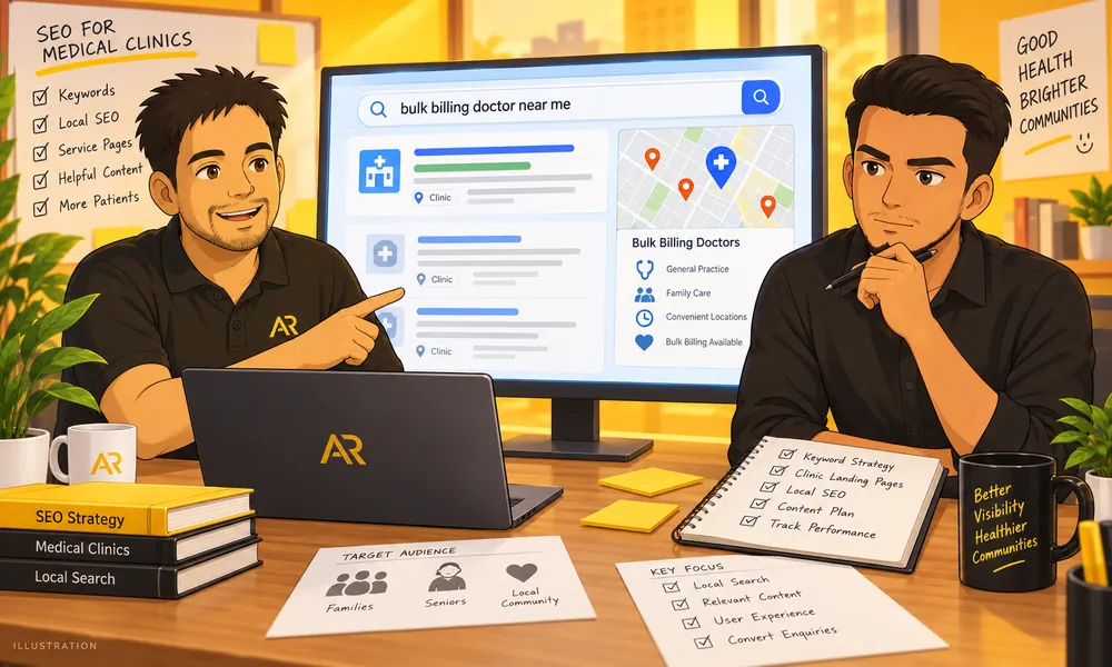 Ghibli-inspired illustration of Amann Jhamb and Arun from AR Digital Solutions discussing local medical clinic search visibility.