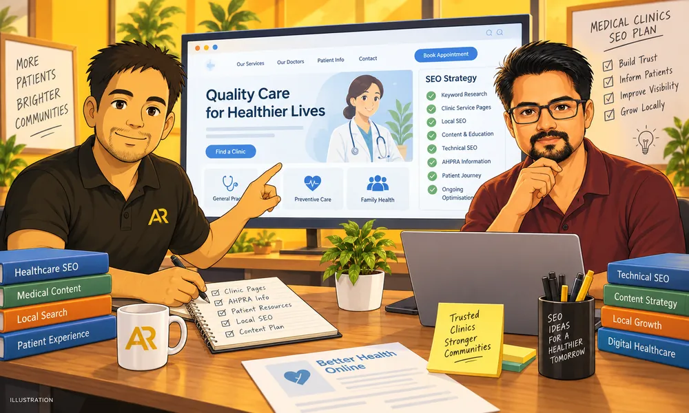 Ghibli-inspired illustration of Amann Jhamb and Kailash Sharma from AR Digital Solutions discussing medical practitioner biography content.