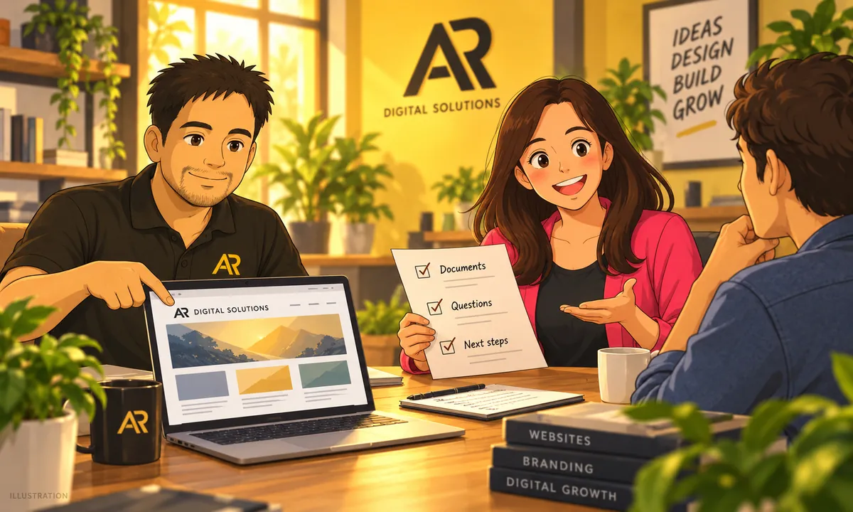 Illustration of Amann Jhamb and the AR Digital Solutions team discussing a migration agency website with a client.