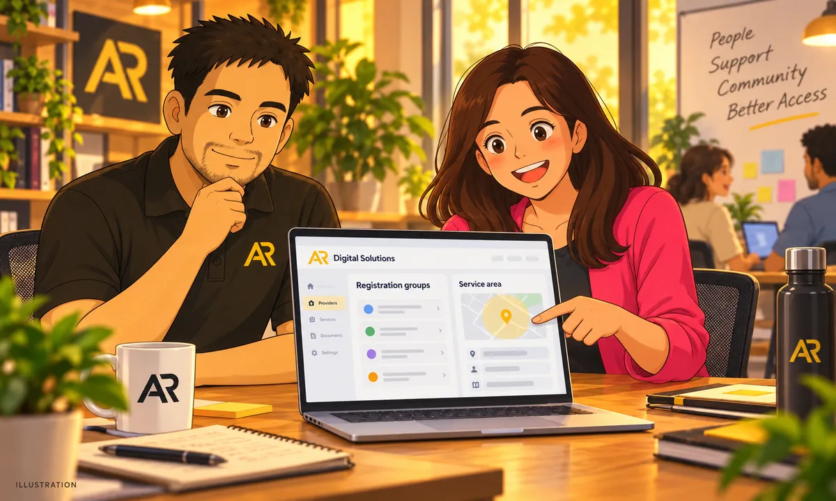 Illustration of Amann Jhamb and the team reviewing a fictional provider website and service areas.