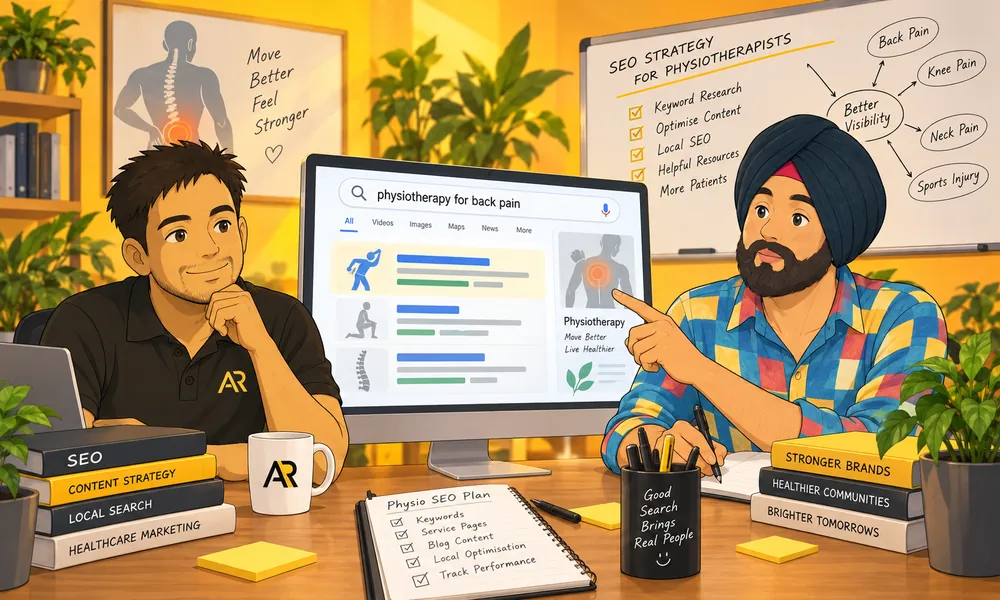 Ghibli-inspired illustration of Amann Jhamb and Sahib from AR Digital Solutions discussing condition-based physiotherapy search visibility.