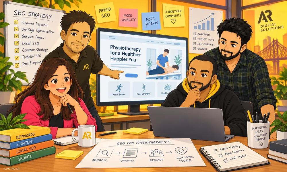 Ghibli-inspired illustration of Amann Jhamb and Priyanka Sharma from AR Digital Solutions discussing physiotherapist biography content.