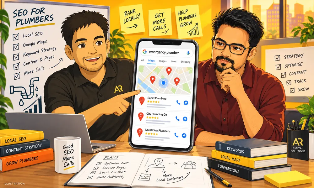 Ghibli-inspired illustration of Amann Jhamb and Kailash Sharma from AR Digital Solutions discussing emergency plumbing search visibility.