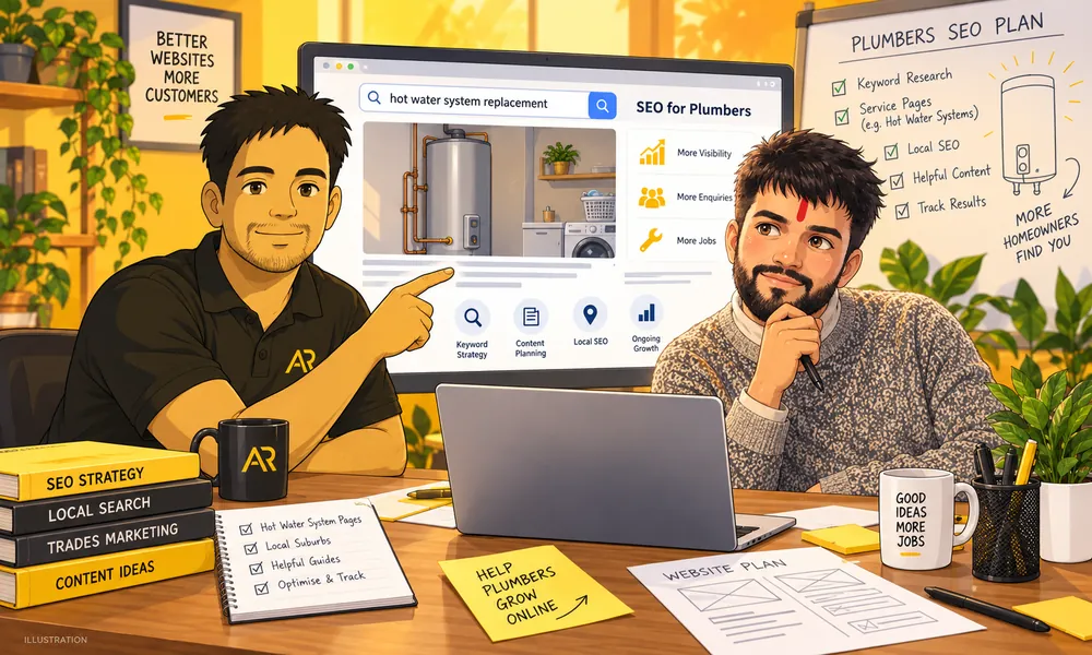 Ghibli-inspired illustration of Amann Jhamb and Aman Chauhan from AR Digital Solutions discussing hot water service content.