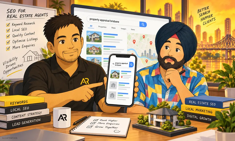 Ghibli-inspired illustration of Amann Jhamb and Sahib from AR Digital Solutions discussing property appraisal search visibility.