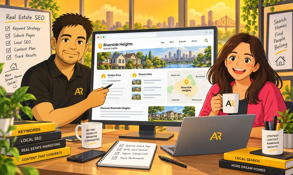 Ghibli-inspired illustration of Amann Jhamb and Priyanka Sharma from AR Digital Solutions discussing suburb property page structure.