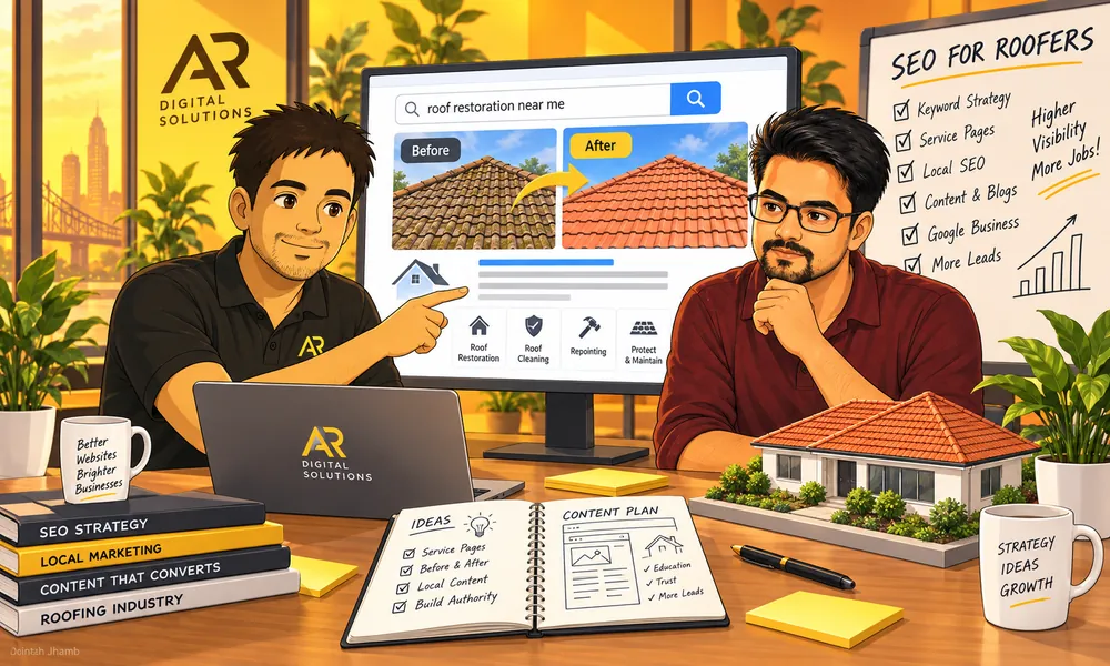 Ghibli-inspired illustration of Amann Jhamb and Kailash Sharma from AR Digital Solutions discussing illustrative roof restoration content.