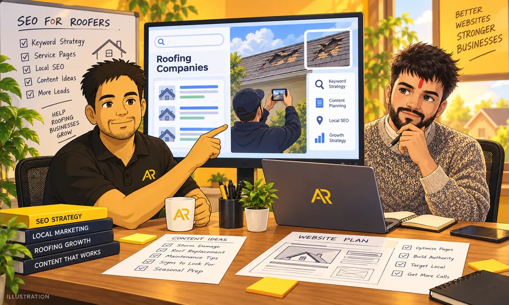 Ghibli-inspired illustration of Amann Jhamb and Aman Chauhan from AR Digital Solutions discussing storm damage content planning.