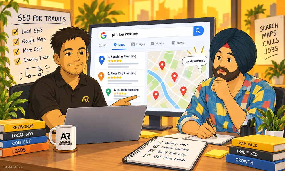 Ghibli-inspired illustration of Amann Jhamb and Sahib from AR Digital Solutions discussing local trade service search visibility.