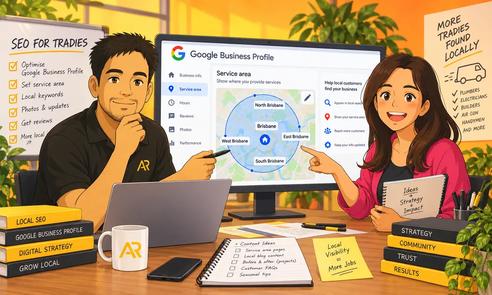 Ghibli-inspired illustration of Amann Jhamb and Priyanka Sharma from AR Digital Solutions discussing mobile trade business service areas.