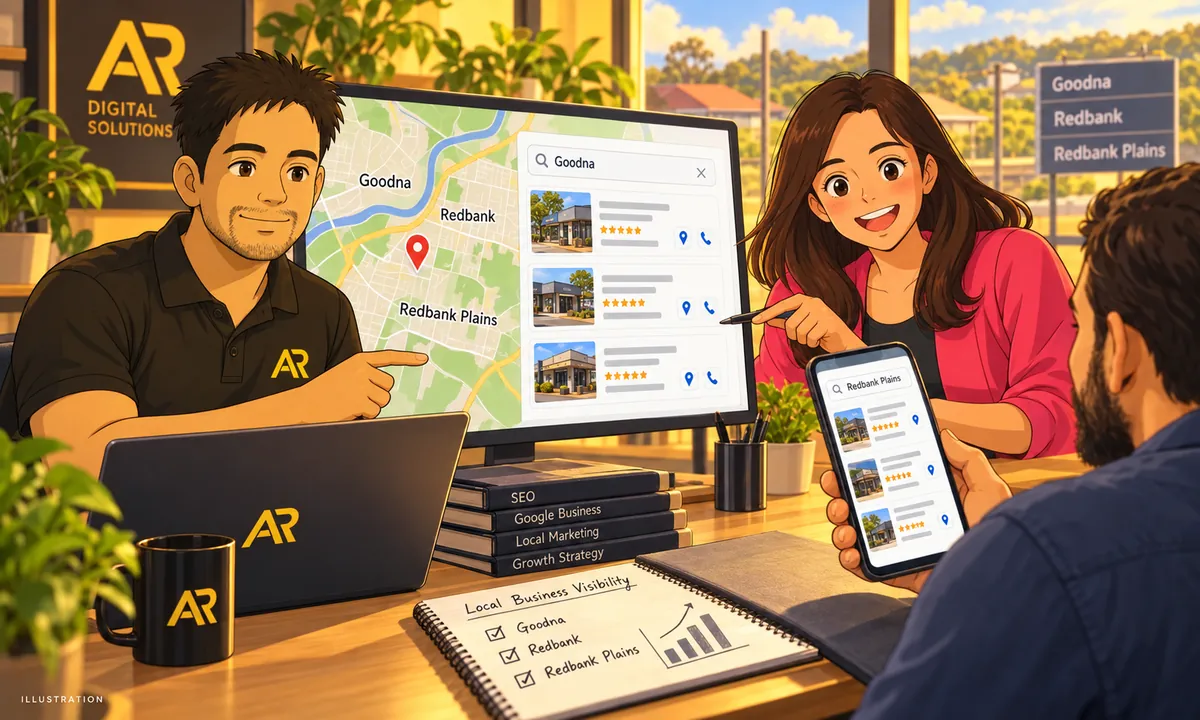 Illustration of Amann Jhamb and the team reviewing a schematic of Goodna, Redbank and Redbank Plains with sample local search results.