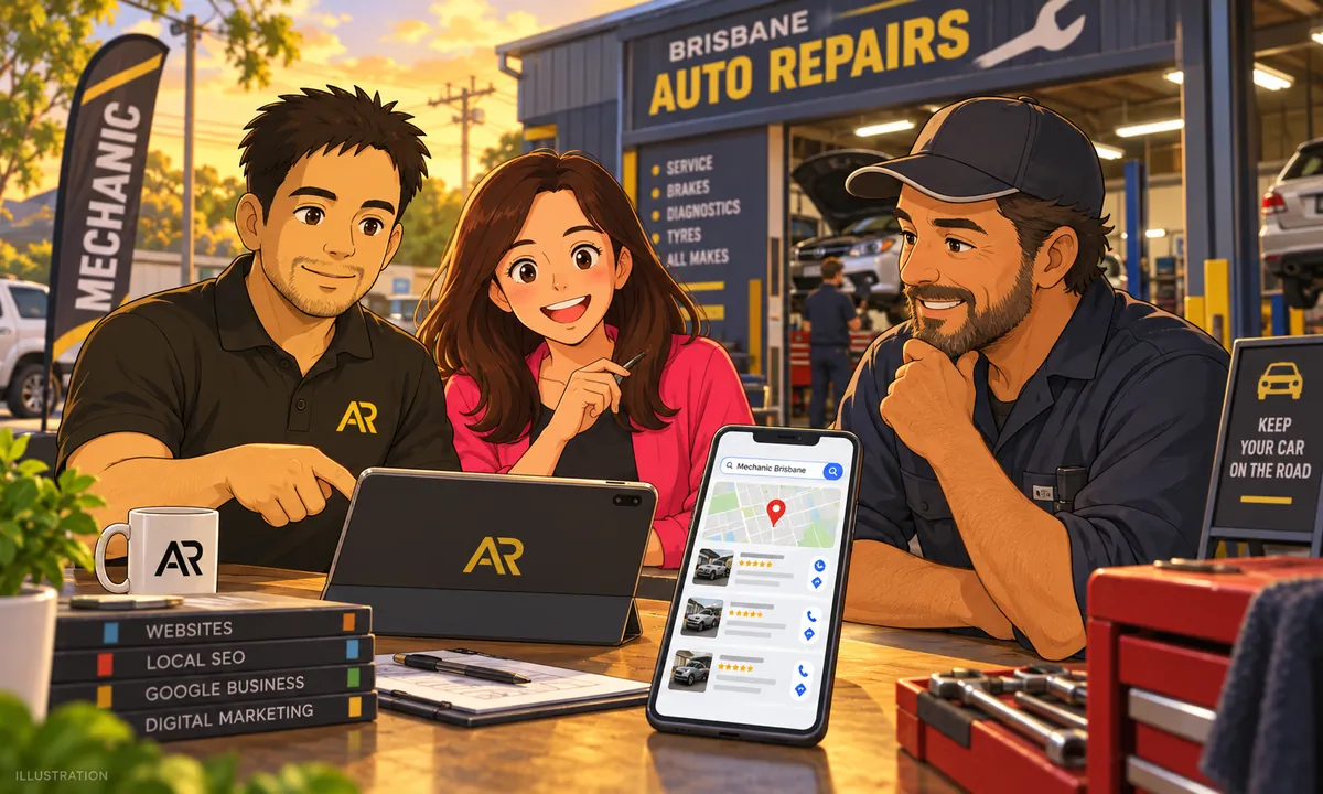 Illustration of an independent workshop and Amann Jhamb reviewing local search visibility with the team.