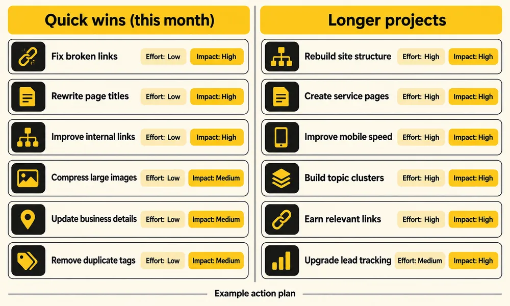 prioritised SEO action plan with quick wins and longer projects