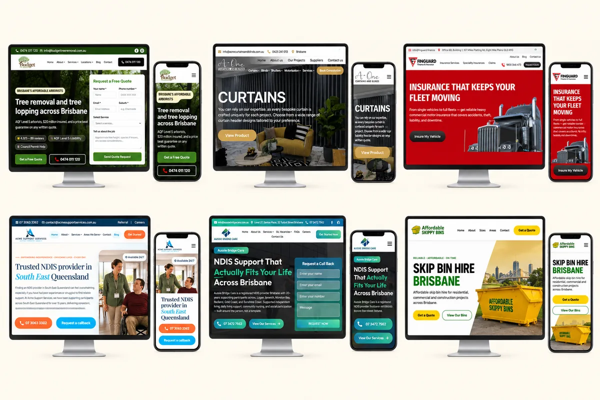 Grid of website designs built for Brisbane businesses shown on mobile and desktop