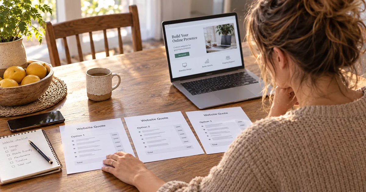 Business owner comparing website quotes at a kitchen table