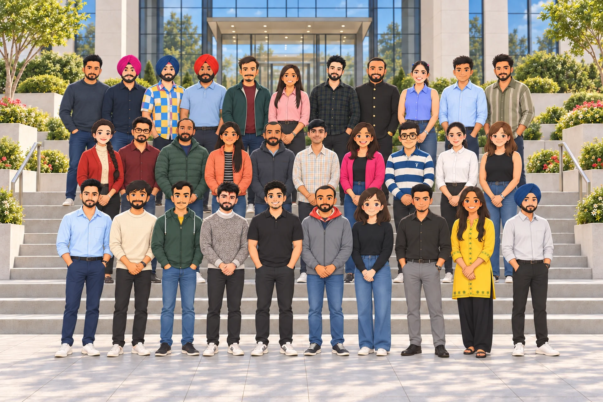 The 31 members of AR Digital Solutions outside an office building.