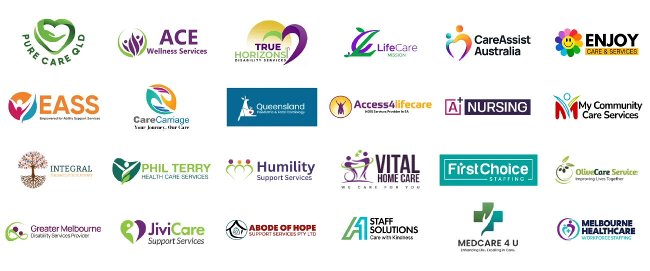 Logos of NDIS providers we work with: Pure Care QLD, ACE Wellness Services, True Horizons Disability Services, LifeCare Mission, CareAssist Australia, Enjoy Care & Services, EASS, CareCarriage, Queensland Paediatric & Fetal Cardiology, Access4lifecare, A+ Nursing, My Community Care Services, Integral Therapeutic Support, Phil Terry Health Care Services, Humility Support Services, Vital Home Care, First Choice Staffing, OliveCare Services, Greater Melbourne Disability Services Provider, JiviCare Support Services, Abode of Hope Support Services, A1 Staff Solutions, Medcare 4 U, Melbourne Healthcare Workforce Staffing